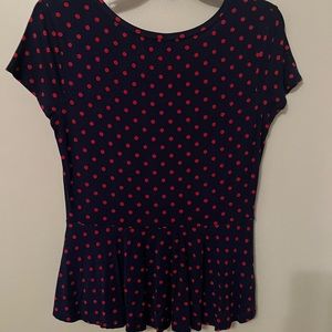 Navy and red polka dot shirt